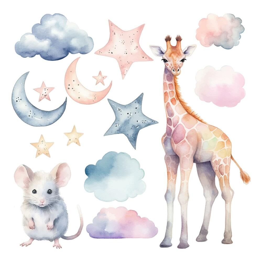 Stickere perete copii 80x76 Animalele și cerul nopții în nuanțe de acuarelă