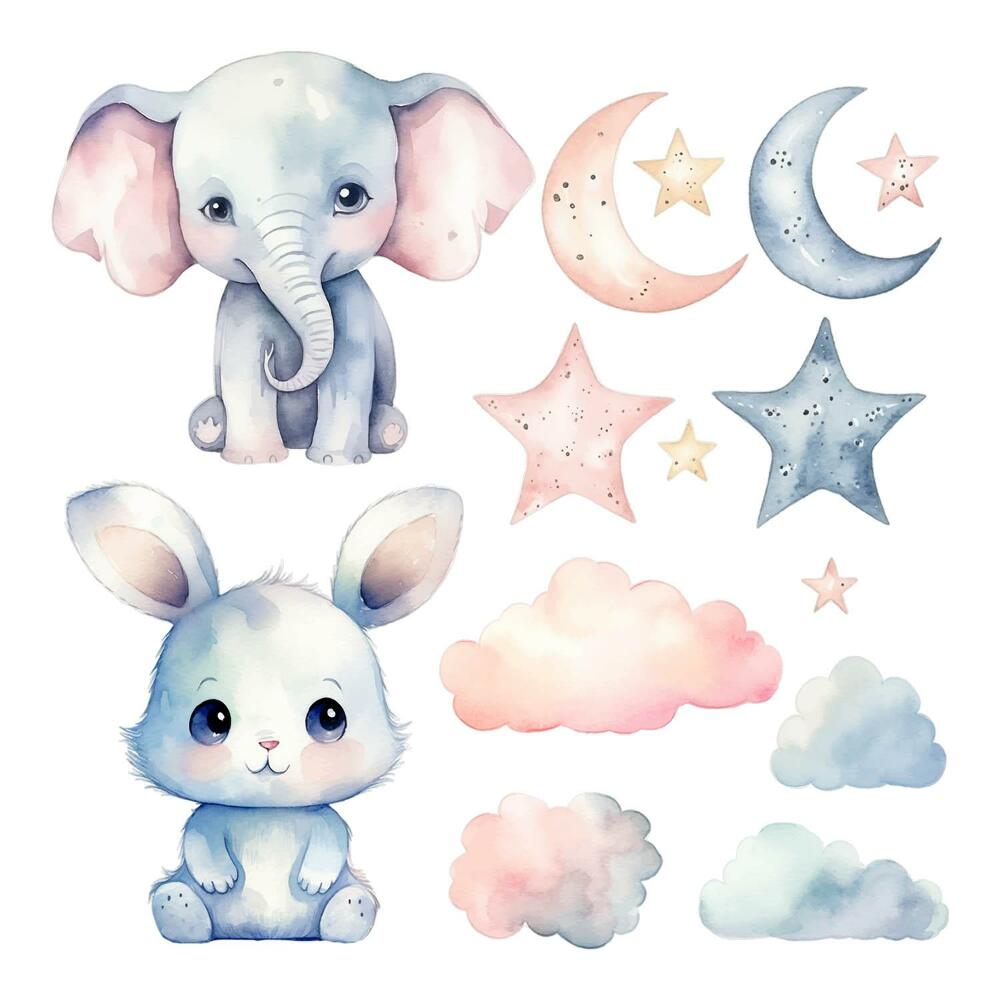 Stickere perete copii 80x138 Animale în acuarelă în culori pastelate de noapte