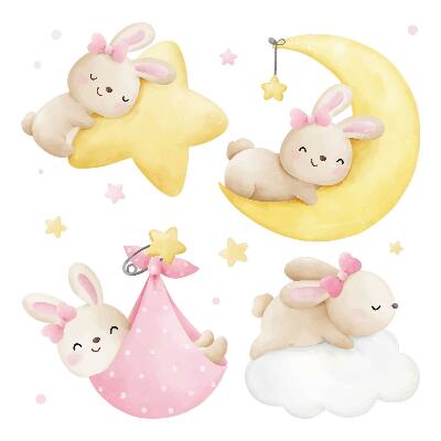 Stickere perete copii 80x118 Iepurași pastelați într-o scenă nocturnă