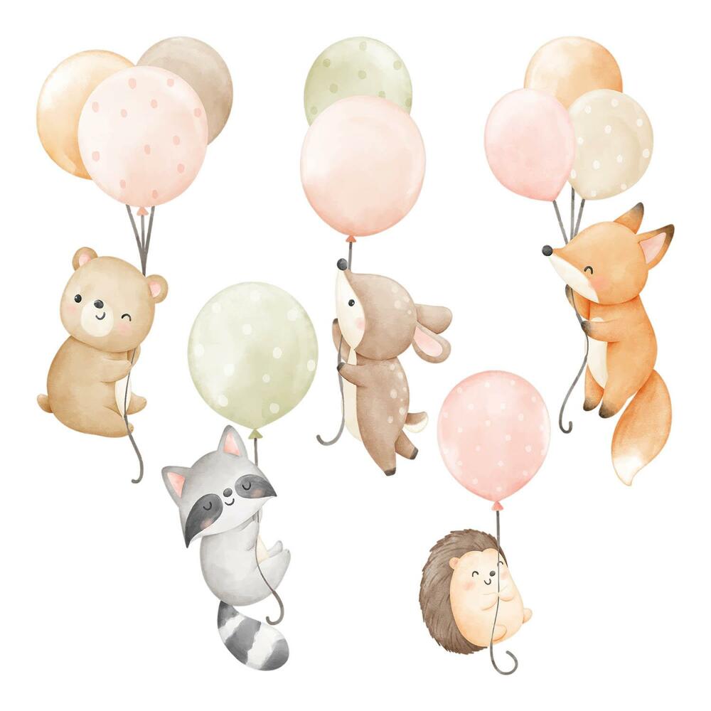 Stickere perete copii 80x124 Animale pastelate în baloane cu acuarelă