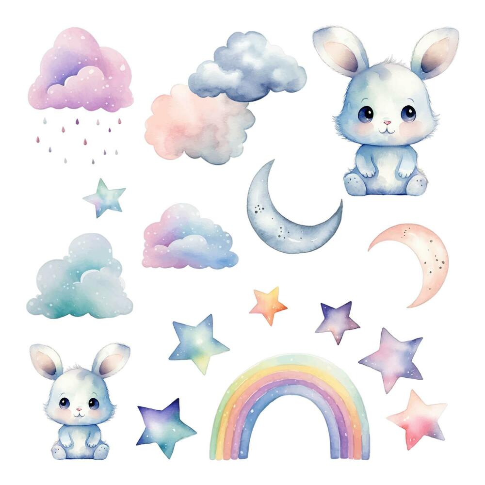 Stickere perete copii 80x107 Iepurași în acuarelă pe un cer curcubeu și luni