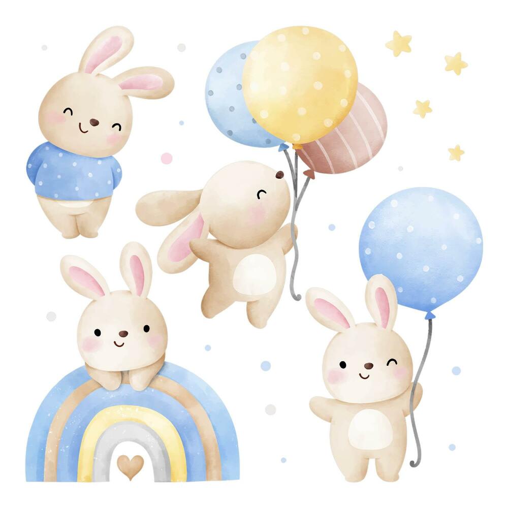 Stickere perete copii 80x125 Iepurași pastelați cu baloane și stele
