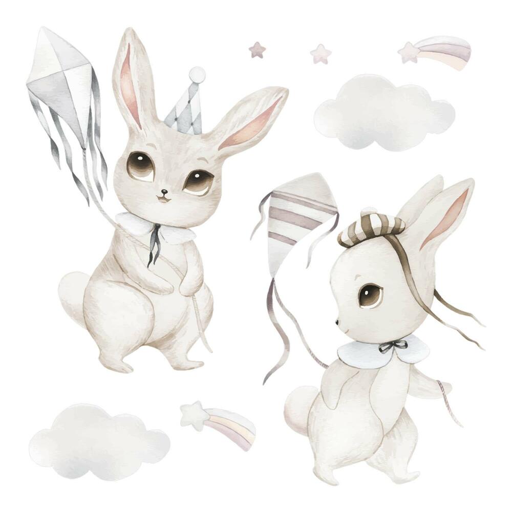 Stickere perete copii 80x114 Iepurași drăguți în acuarelă cu zmee