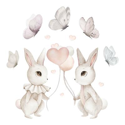 Stickere perete copii 80x101 Iepurași pastelați cu baloane într-un stil drăguț