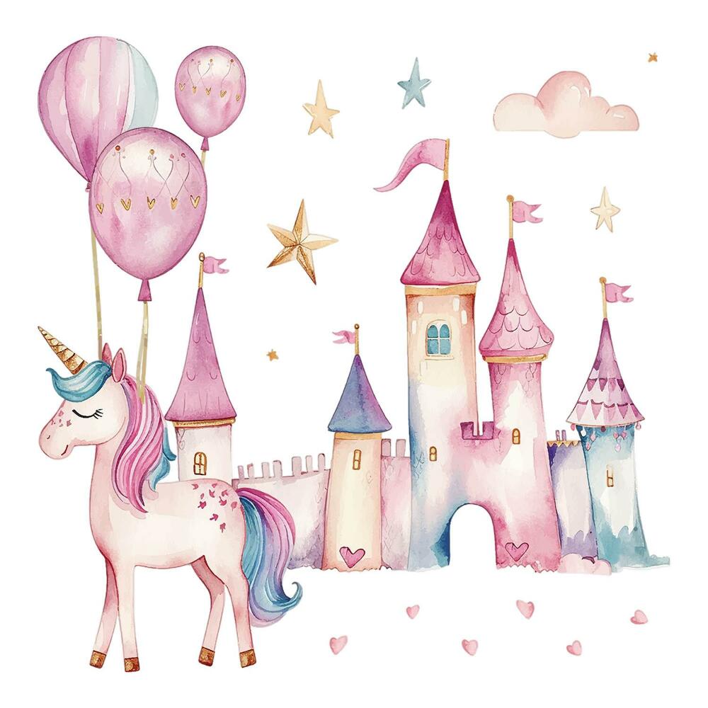 Stickere perete copii 80x110 Unicorn pastel acuarelă cu castel și baloane