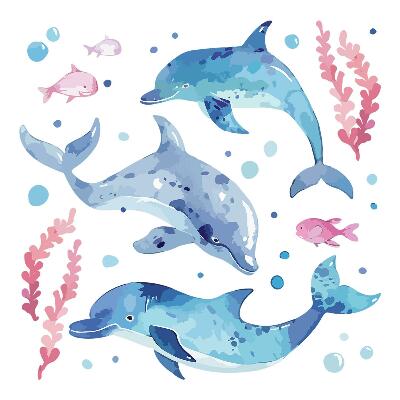 Stickere perete copii 80x124 Acuarelă pastelată cu delfini într-un cadru subacvatic