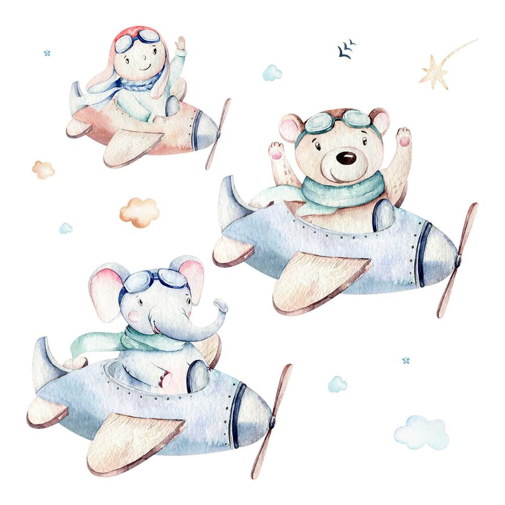 Stickere perete copii 80x123 Urs elefant în acuarelă cu un băiat în avioane
