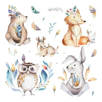 Stickere perete copii 80x96 Animale în acuarelă boho în culorile pădurii
