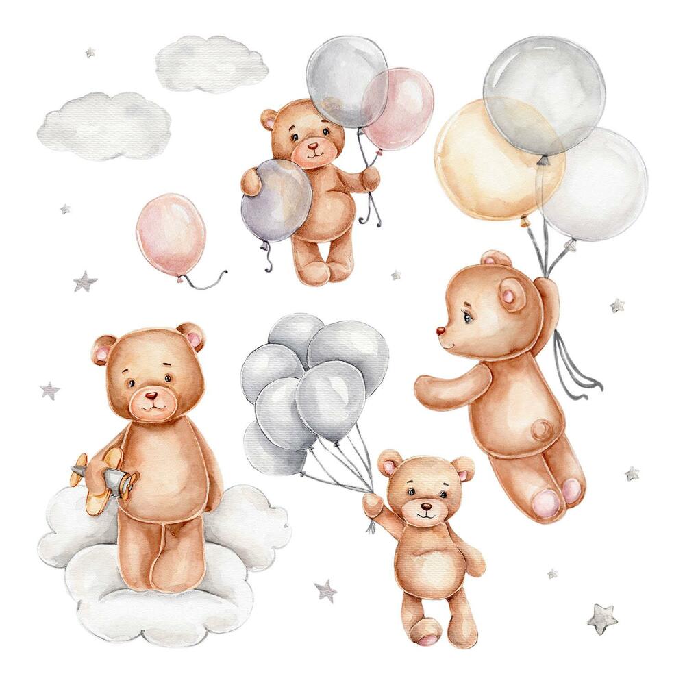 Stickere perete copii 80x120 Ursuleți de pluș pastelați cu baloane în nori