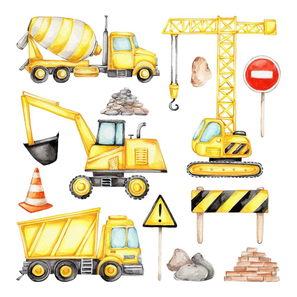 Stickere perete copii 80x108 Construcții - vehicule și mașini de lucru în acuarelă