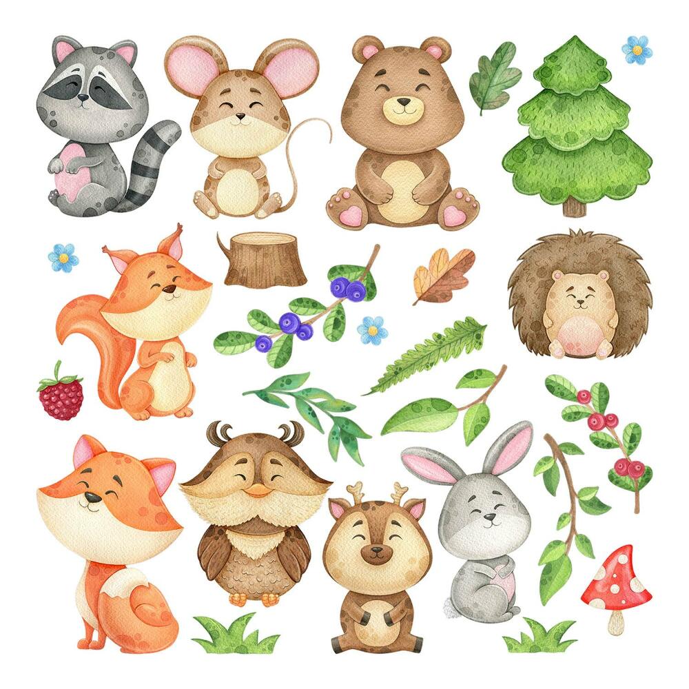 Stickere perete copii 80x86 Creaturi și vegetație a pădurii în acuarelă