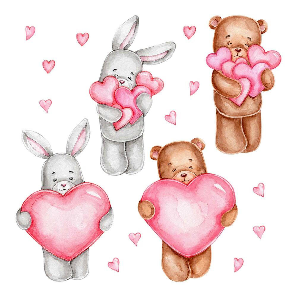 Stickere perete copii 80x134 Ursuleți de pluș și iepuri drăguți în acuarelă pastelată