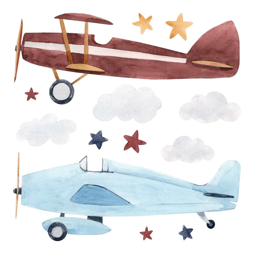 Stickere perete copii 80x99 Avioane de nori și stele în stil acuarelă