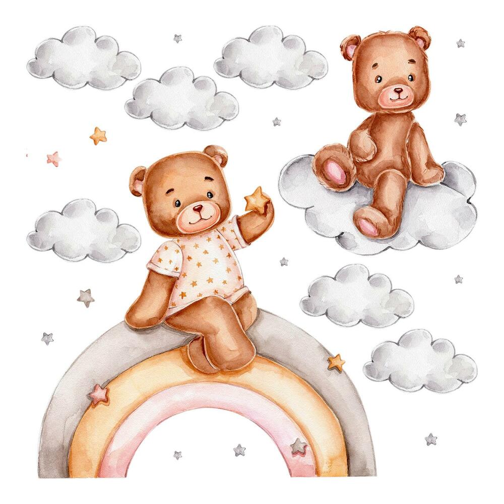 Stickere perete copii 80x106 Nori pastelați cu ursuleți de pluș pe un curcubeu