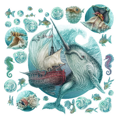 Stickere perete copii 80x82 Pământuri subacvatice cu nave pastelate