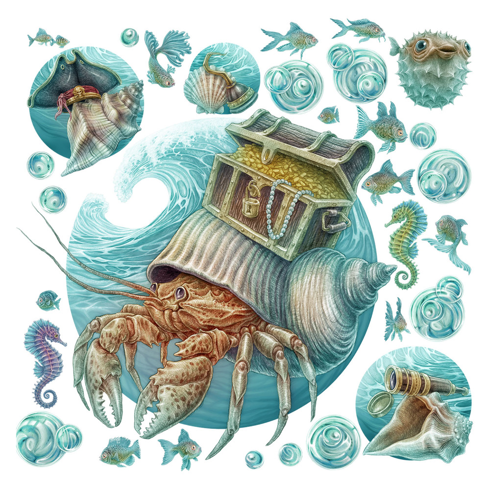 Stickere perete copii 80x84 Animale marine stilizate în culori pastelate