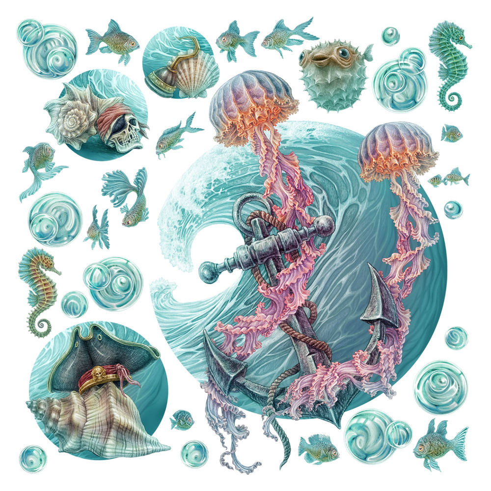 Stickere perete copii 80x82 O lume de desene animate cu animale marine în pasteluri