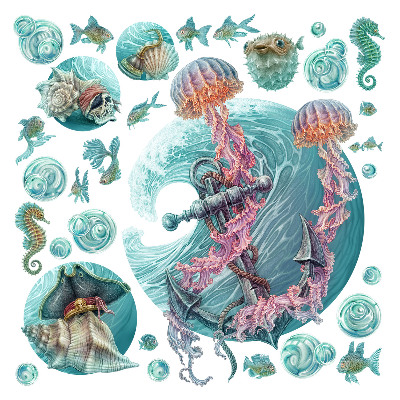 Stickere perete copii 80x82 O lume de desene animate cu animale marine în pasteluri