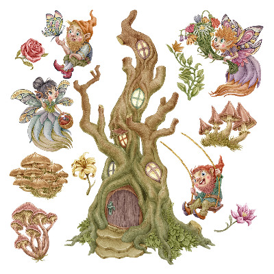Stickere perete copii 80x83 Pitici într-o pădure magică cu o casă în culori pastelate