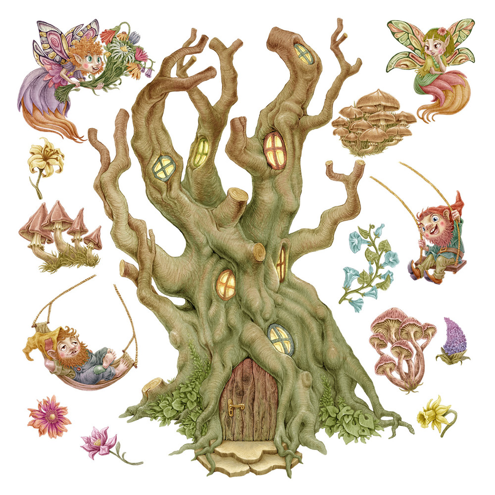 Stickere perete copii 80x129 Pitici și zâne într-o pădure pastelată