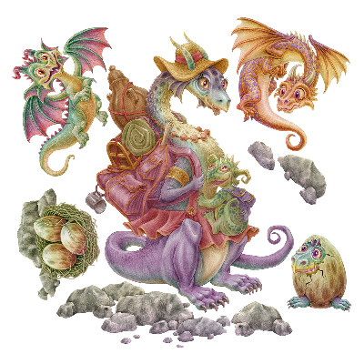 Stickere perete copii 80x97 Dragoni de basm în stil desen animat cu culori