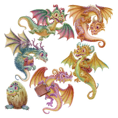 Stickere perete copii 80x68 Dragoni de desene animate în nuanțe pastelate