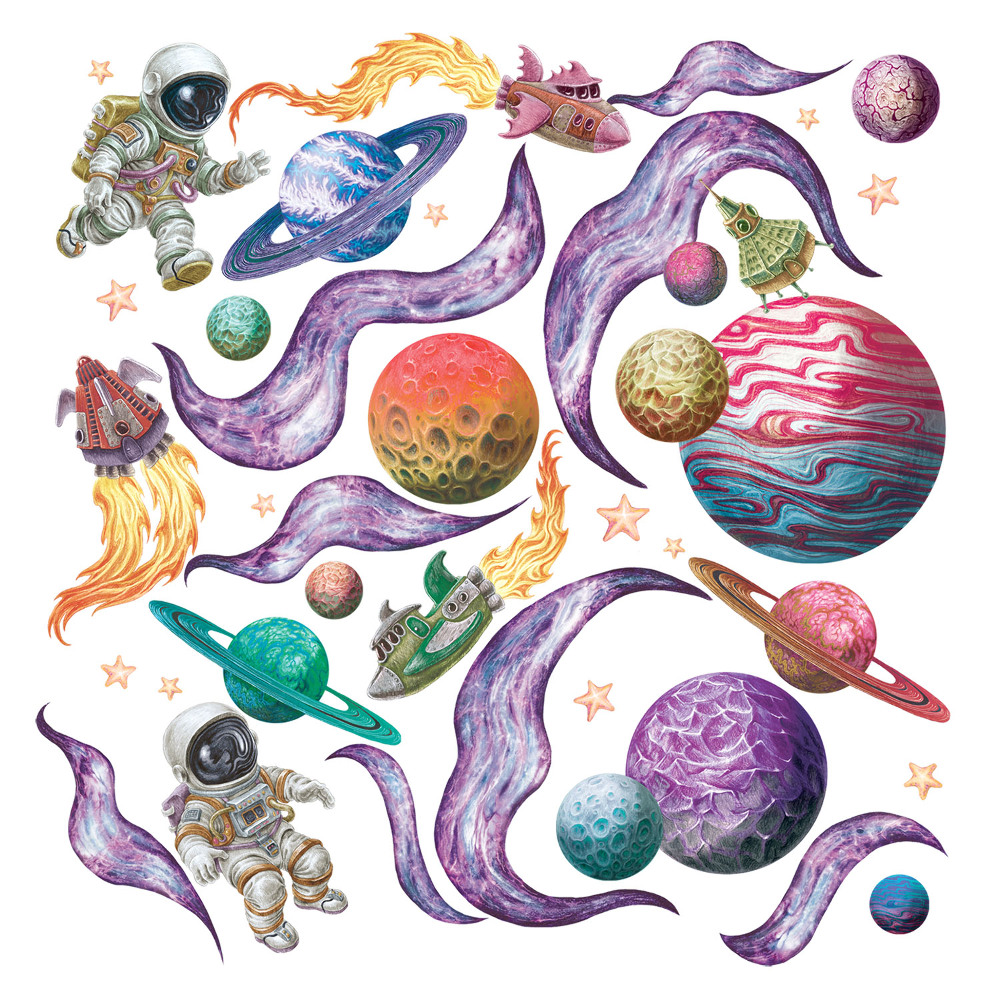 Stickere perete copii 80x123 Un univers de desene animate cu rachete și astronauți în culori