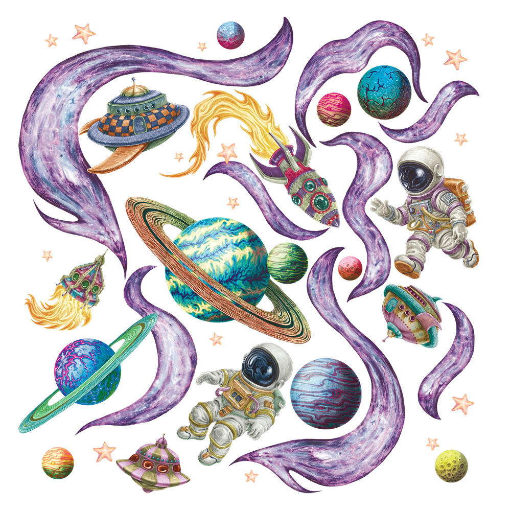 Stickere perete copii 80x138 Rachete spațiale și planete în stil desen animat