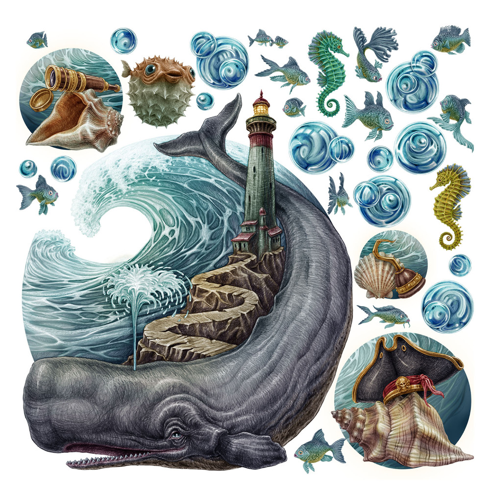 Stickere camera copiilor 60x71 O lume de desene animate cu creaturi subacvatice și faruri