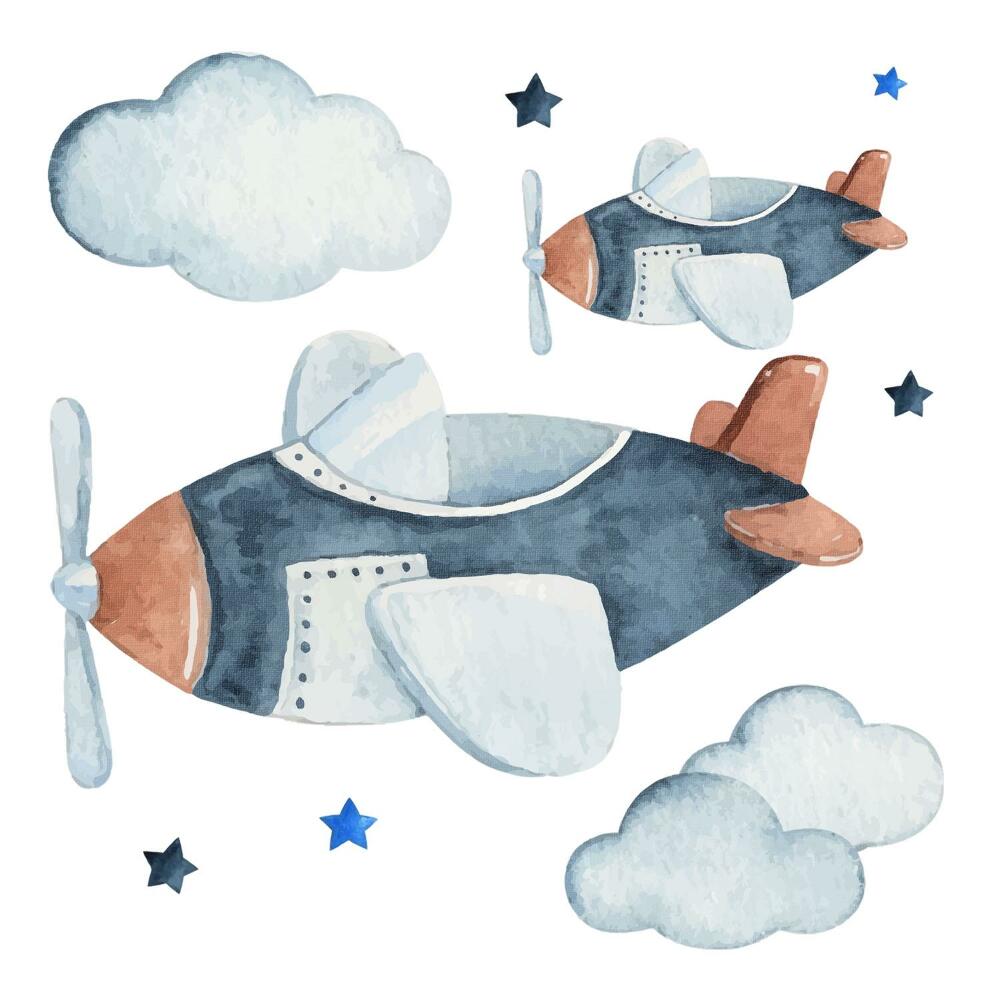 Stickere camera copiilor 60x102 Cer în acuarelă cu avioane pastelate