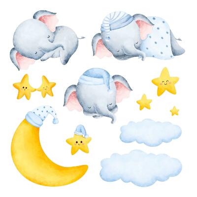 Stickere camera copiilor 60x82 Elefanți drăguți în acuarelă pe cer