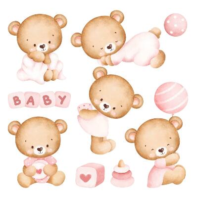 Stickere camera copiilor 60x105 Ursuleți de pluș fermecători într-un stil delicat de acuarelă