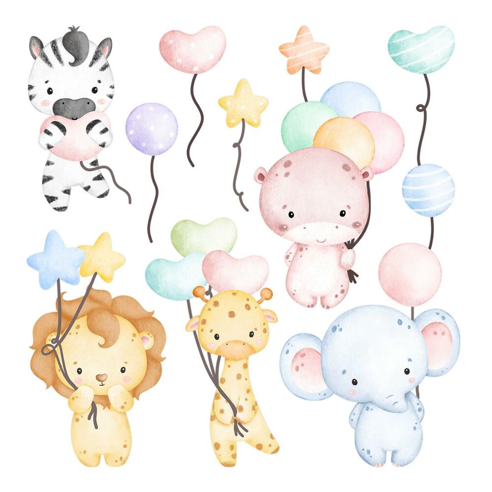 Stickere camera copiilor 60x89 Un safari fermecător în acuarelă, cu animale sălbatice și baloane