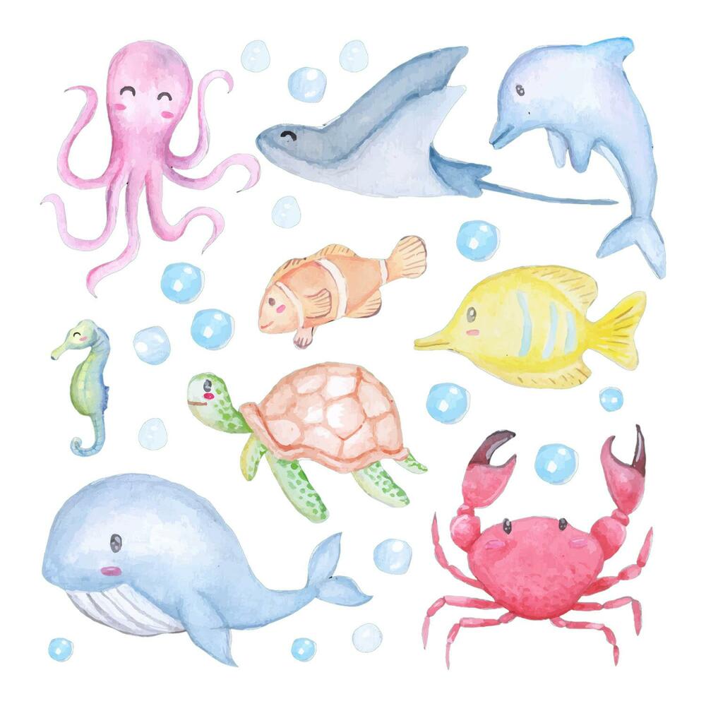 Stickere camera copiilor 60x85 Lumea mării în nuanțe pastelate de acuarelă