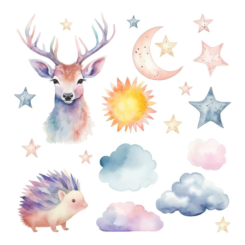 Stickere camera copiilor 60x66 Animale și cer în stil acuarelă