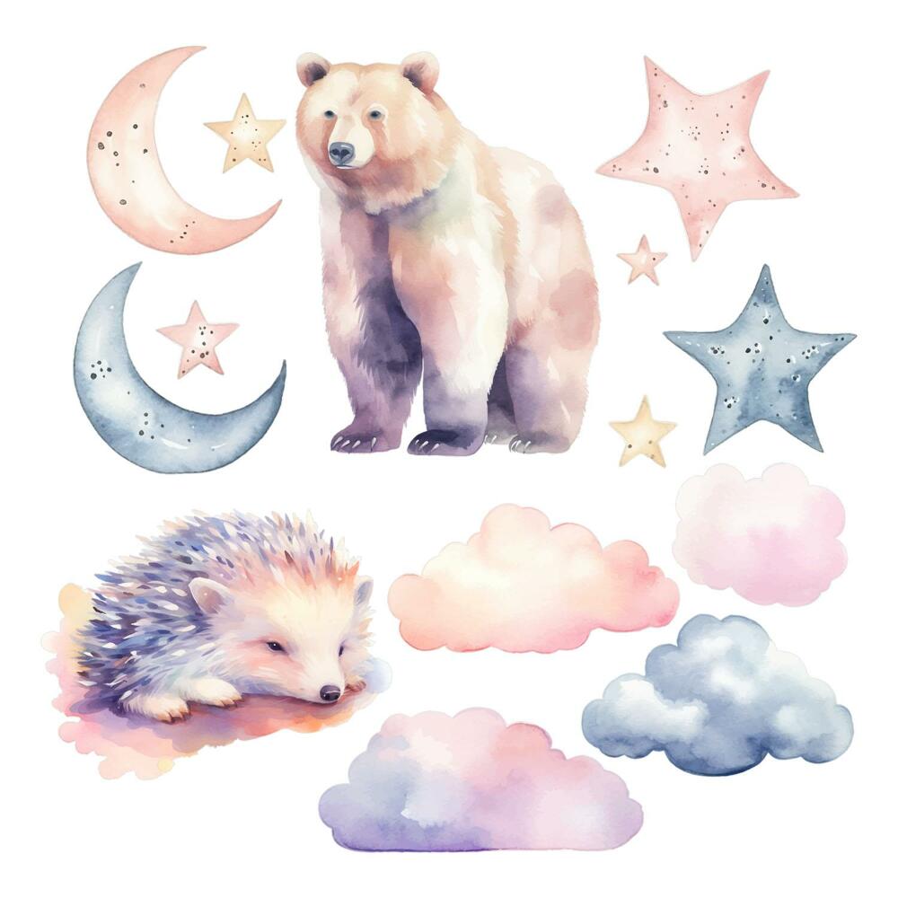 Stickere camera copiilor 60x107 Animale pastelate și un cer nocturn în stil acuarelă