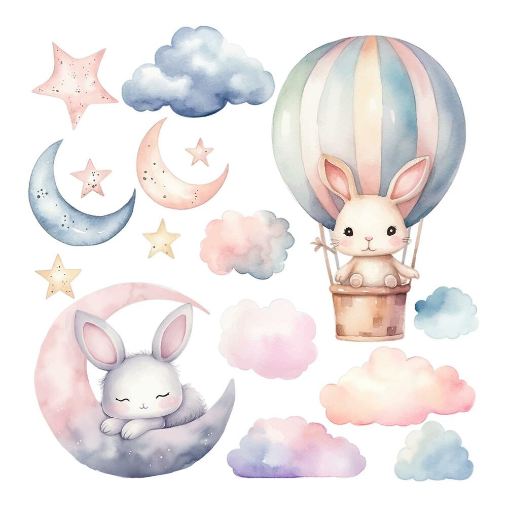 Stickere camera copiilor 60x80 Balon de noapte cu iepuri drăguți în acuarelă