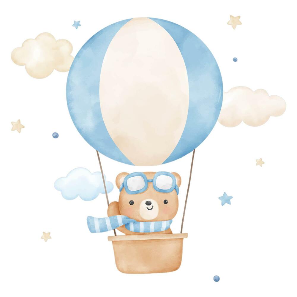 Stickere camera copiilor 60x91 Ursuleț drăguț cu un balon în nori, acuarelă pastelată