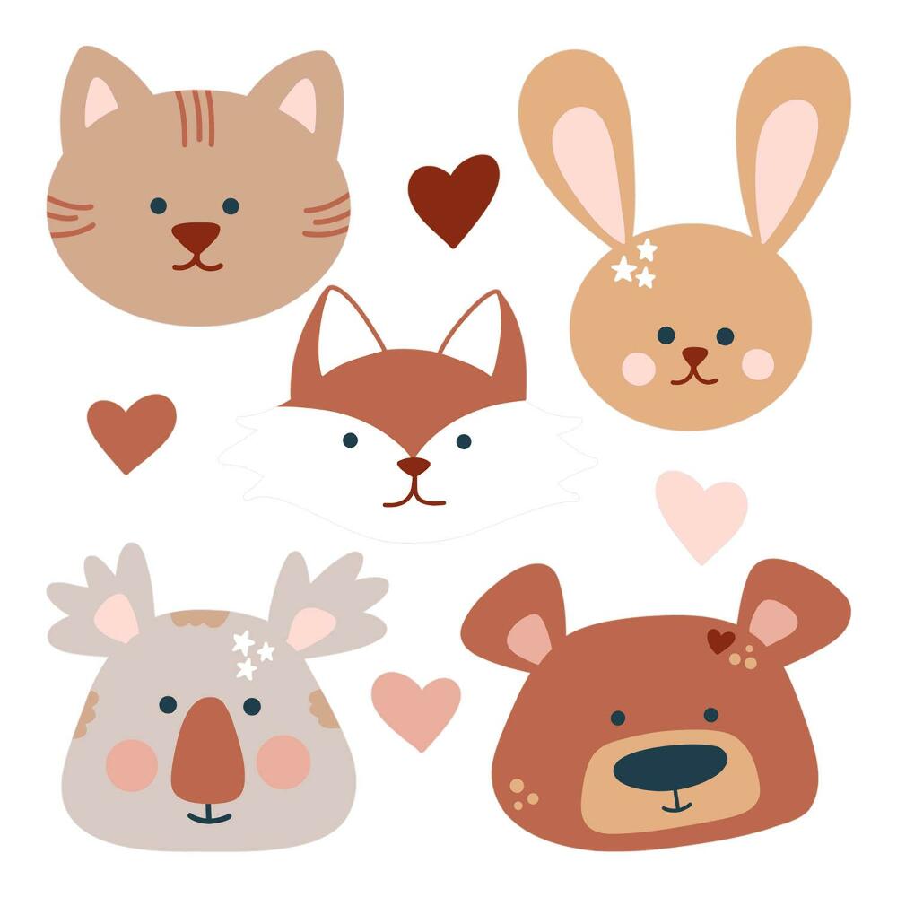 Stickere camera copiilor 60x97 Inimioare boho cu animale de pădure în pasteluri