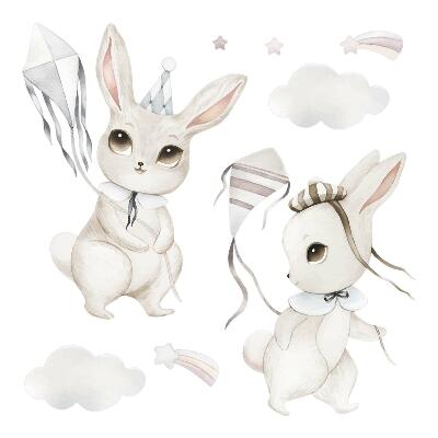 Stickere camera copiilor 60x86 Iepurași drăguți în acuarelă cu zmee