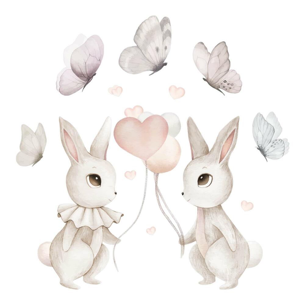 Stickere camera copiilor 60x76 Iepurași pastelați cu baloane într-un stil fermecător