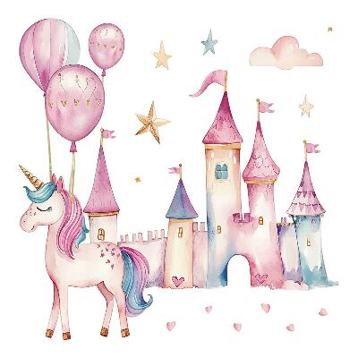 Stickere camera copiilor 60x82 Unicorn pastel acuarelă cu castel și baloane