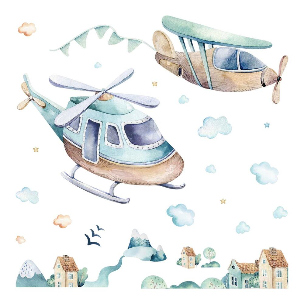 Stickere camera copiilor 60x87 Motiv în acuarelă al unui elicopter și al unui avion deasupra orașului
