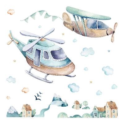Stickere camera copiilor 60x87 Motiv în acuarelă al unui elicopter și al unui avion deasupra orașului