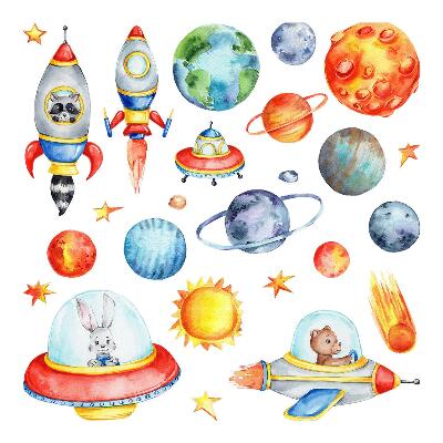 Stickere camera copiilor 60x105 Animale în acuarelă în stil galactic