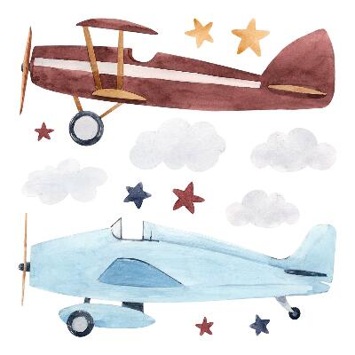 Stickere camera copiilor 60x74 Avioane de nori și stele în stil acuarelă