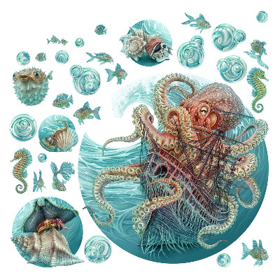 Stickere camera copiilor 60x70 Regatul subacvatic al caracatițelor în culori pastelate