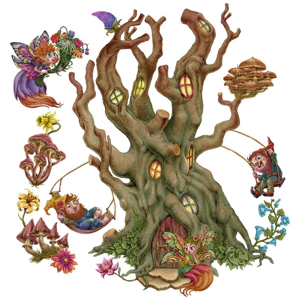 Autocolante pereți copii100x132 Zâne și pitici într-un decor de pădure cu o casă