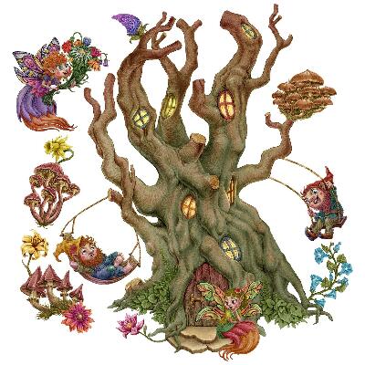 Autocolante pereți copii100x132 Zâne și pitici într-un decor de pădure cu o casă