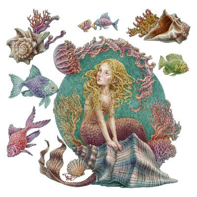 Autocolante pereți copii100x88 O sirenă de desene animate și scoici într-un peisaj marin